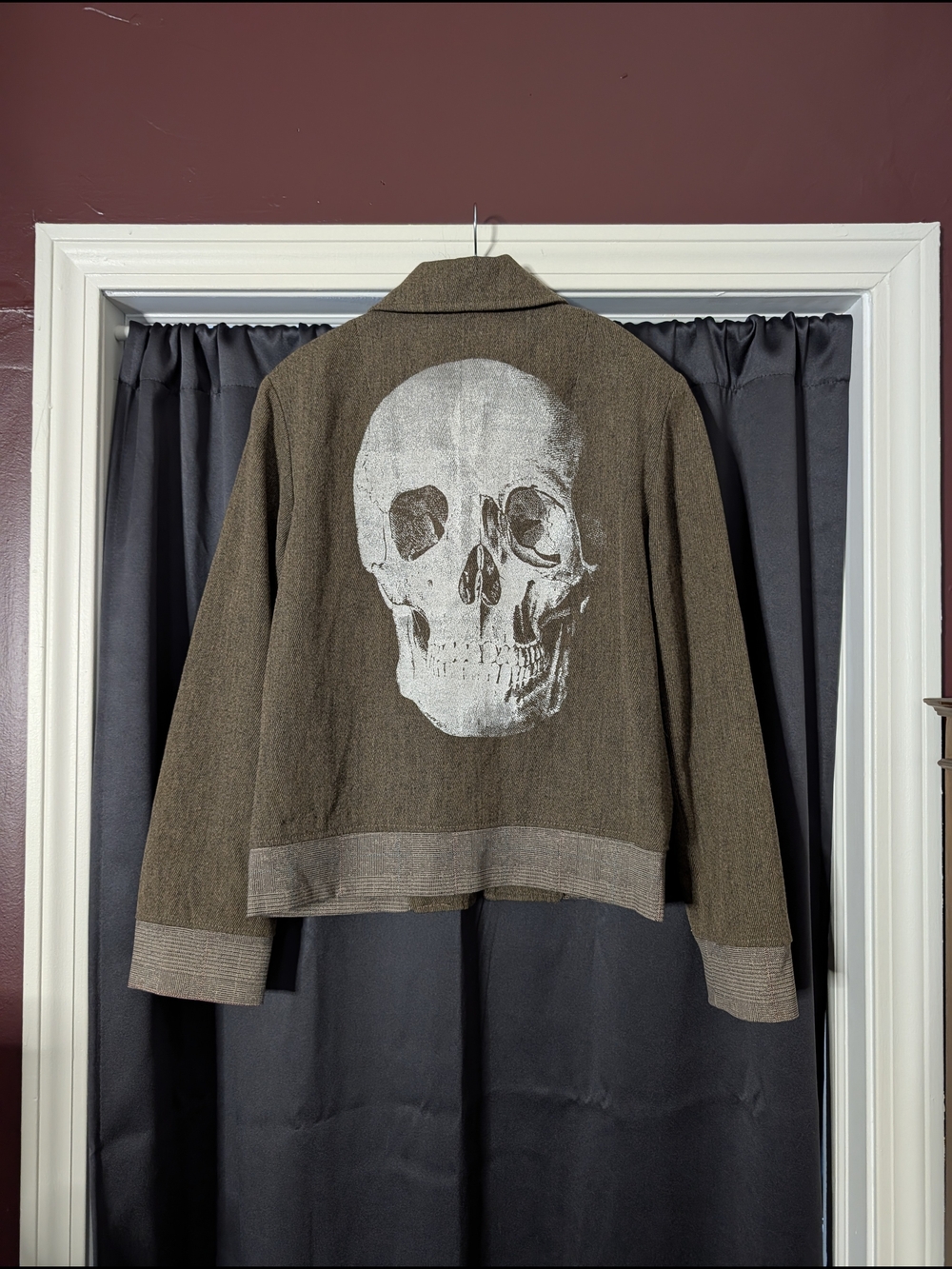 LIBERTINE Brown Tweed Skull Print Plaid Trim Upcycled Zip-up Bomber Jacket S